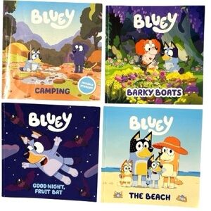 Bluey 4 Books Bundle Lot. The Beach-Good Night, Fruit Bat- Camping- BarkyBoats